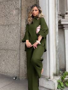 Jeta Ari 2pcs/Set Women Blended Side Slit Loose Shirt And High Waist Wide Leg Pants Elegant Business Casual Women  - Army Green - View 6