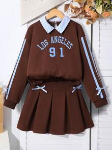 2pcs/Set Tween Girls' School Style Brown Autumn Casual Back-To-School Collared Sweatshirt With English Print,Pleated Skirt,Ribbon & Bow Decor,Knit - Brown - View 7