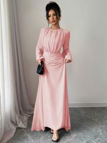 Elenzga Váy nữ dáng chữ A xếp ly eo chiffon đỏ ngày lễ tình nhân thanh lịch lãng mạn - Màu Hồng  San hô - Xem 5