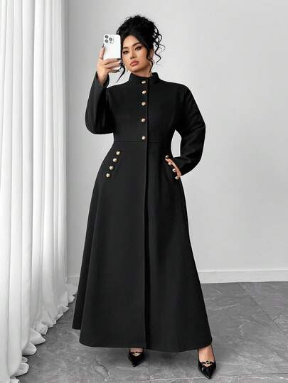 Elenzga Plus Size Women's Solid Color Stand Collar Long Sleeve Single-Breasted Long Overcoat, Elegant A-Line Waist Design, Autumn/Winter