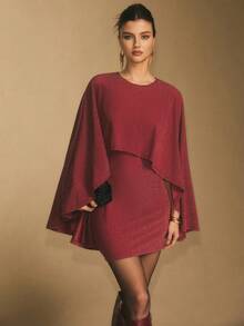 Poéselle Sparkly Red Cape Mini Dress For Women ,Glamorous Asymmetric Cocktail Party Outfit, Elegant Statement Sleeve Evening Wear,Women's Elegant Party Glitter Cape Mini Dress Batwing Sleeve Dress Burgundy Dress Cape Dress Sparkly Dress Red Wine Dress - Red - View 3