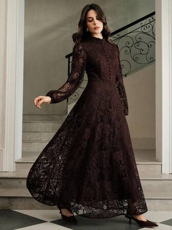 Anewsta Damen elegantes einfarbiges Spitzenkleid, Herbst