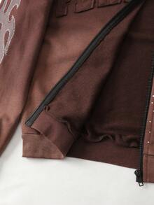 ROMWE MEN Street Life 男士闪亮钻石刺绣水洗开衫卫衣宽松短款 - 咖啡棕 - 查看 6