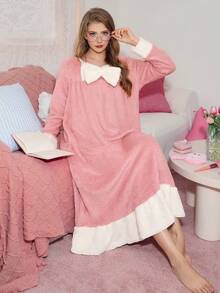 SHEIN 可爱蝴蝶结装饰荷叶边下摆女士蓬松舒适睡裙，冬季，哞哞睡衣 - 藕粉色 - 查看 4