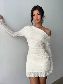 Aloruh Women's Sexy Asymmetrical Shoulder Long Sleeve Bodycon Mini Dress, Ruffle Hem Pleated Bodycon, Clubwear