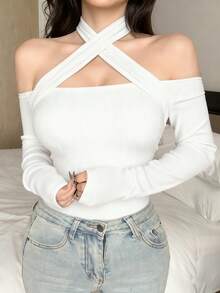 DAZY 女款夏季新款腰部設計 Y2K 長袖 T-shirt - 白色 - 查看 2