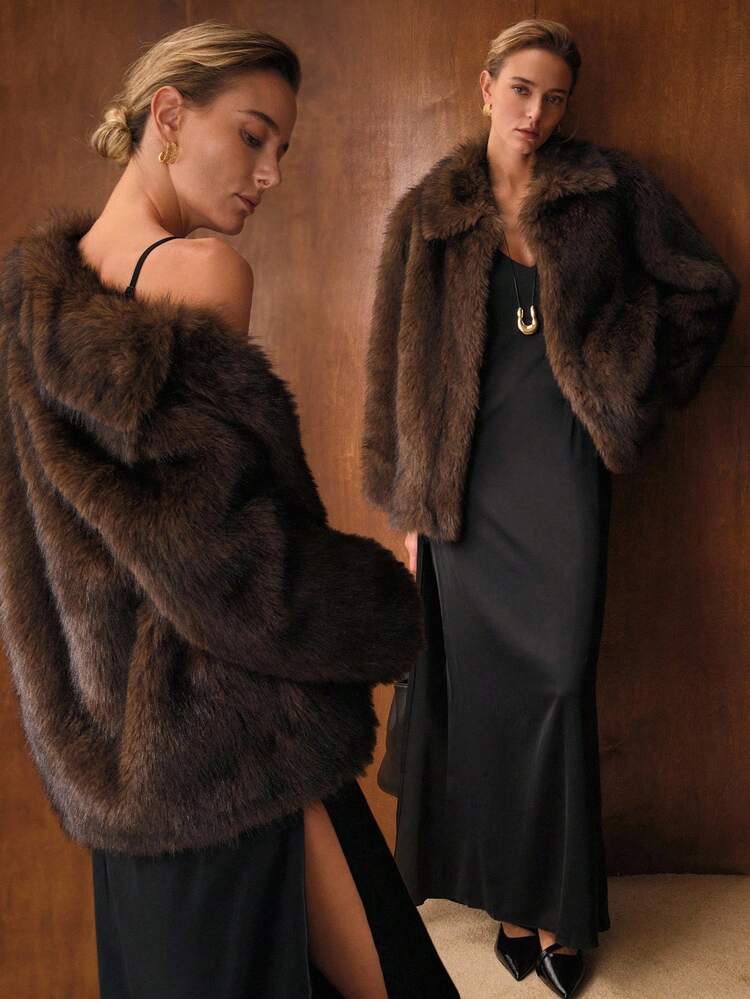 FAUX FUR SOLID COLLAR COAT , FALL WINTER