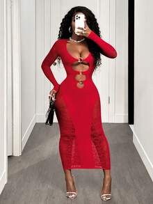 BamGleam Đầm ôm body tay dài khoét sâu gợi cảm phối ren trơn màu dành cho nữ - Màu Đỏ Sâu - Xem 5