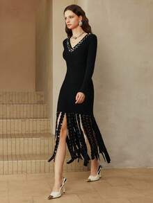 Arave Women's Slim Fit V-Neck Beaded And Rhinestone Button Tassel Design, Elegant Sleeveless Vest Sweater Dress, Perfect For Dates,   Parties, Or Black Parties. - Black - View 4