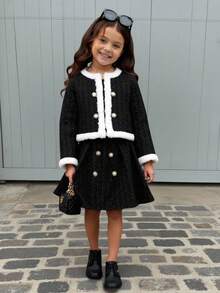 Young Girl Cute & Elegant Faux Pearl Decor Black & White Thickened Short Jacket And Mini Skirt Set For Autumn,7th Birthday Banquet Party Wool Coat - Black - View 8
