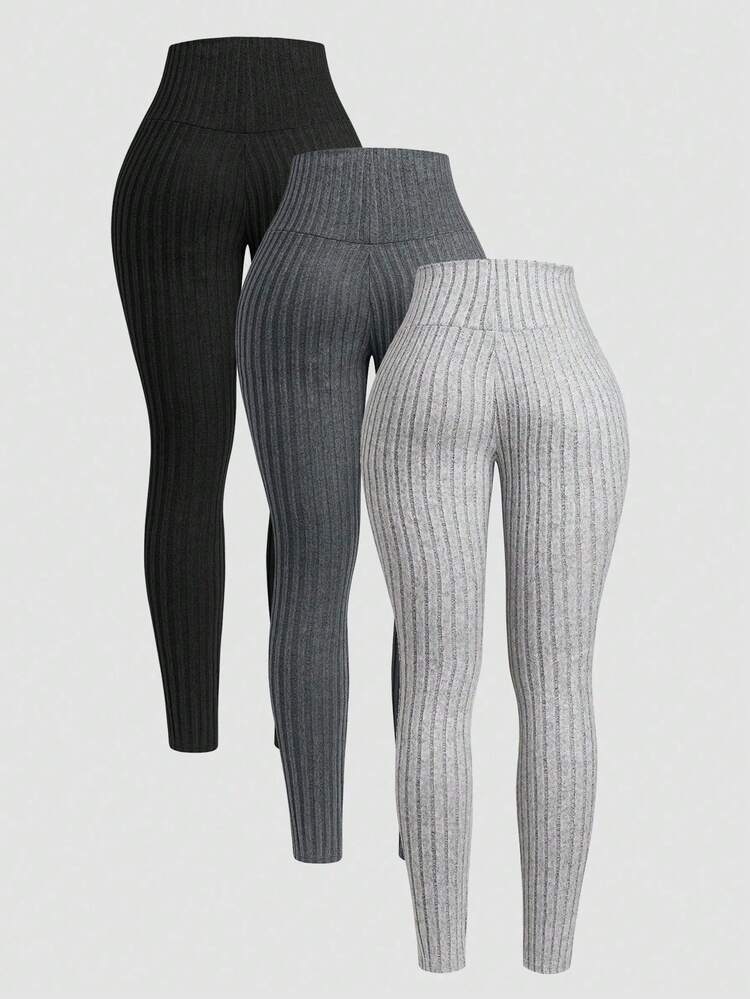 3 Peças Conjunto de Leggings Plus Size com Bordado de Espora Animal, Tecido Canelado, Leggings Skinny Versáteis - Multicolorido - Visão 2