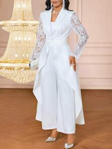 SHEIN Lady Women's Contrast Lace Long Sleeve Long Jacket And Wide Leg Pants Elegant Suit Set - White - View 6