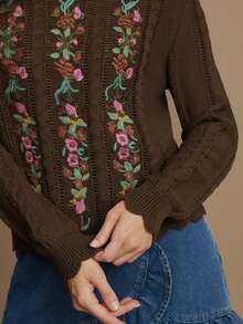 WESTFADE Floral Embroidered Cable Knit Crew Neck Long Sleeve Relaxed Knit Sweater - Volcanic Gray - View 6