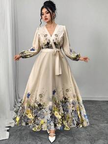 Modelyn 大码优雅印花V领灯笼袖连衣裙，秋季 - 杏色 - 查看 1
