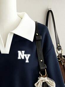 INAWLY 女士撞色字母 Polo 领长袖卫衣 - 彩色 - 查看 3