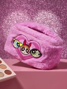 THE POWERPUFF GIRLS X SHEIN 1個可愛毛絨圖案大容量圓筒化妝包，手提式，超大空間，可收納化妝品瓶與日常用品，適合女性與青少年，花朵、泡泡、毛茛花、友誼，送禮首選 - 粉色 - 查看 3