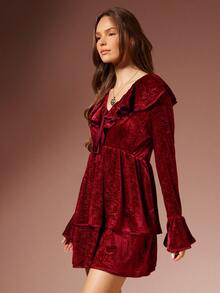 WESTFADE Robe mini évasée à manches longues avec volants superposés, col en V en velours gaufré avec nœud papillon. Idéale pour l'automne, l'hiver, les fêtes, Noël, le Nouvel An. Élégante, bohème, décontractée, mignonne, style western. - Rouge - Voir 4