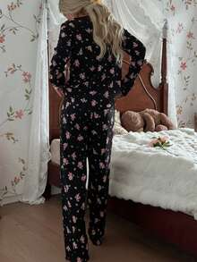 CottageSlumber 女士可爱碎花罗纹边长袖上衣和裤子浪漫碎花睡衣套装，秋冬服装 - 黑色 - 查看 2