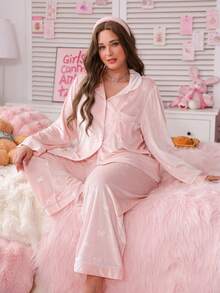 PetitDoll Plus Size Women Bow Jacquard Velvet Pocket Front Button Long Sleeve Top & Pants Pajama Set Light Pink Pajama Set Bridal Pajama Set Sleep Wear Women 2 Pieces Set, Fall & Winter Clothes - Baby Pink - View 1