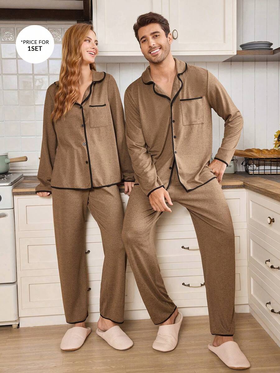 CoupledUp 男士柔软针织花卉网眼撞色法式休闲家居服睡衣套装,秋冬服装 - 咖啡棕 - 查看 1