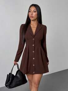 SHEIN PETITE 优雅长袖西装裙，棕色收腰女士迷你连衣裙，春夏款 - 棕色 - 查看 2