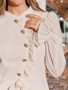 Amorya Women's Elegant Mandarin Collar Ruffle Hem Fitted Blouse,Light Beige Long Sleeve Button Detail Top For Autumn,Office,Modest Cozy Fall Winter Clothes - Apricot - View 10