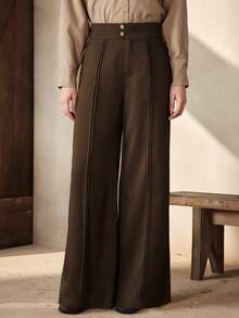 Zovinel Pantalones acampanados de cintura alta con doble botón y pliegues, elegantes y apropiados para uso diario, intelectual y urbano, adecuados para ocasiones de negocios, casuales y formales - Marrón - Ver 3