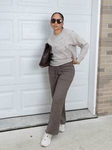Melissa Matos Knitted Large Pocket Detail Tie Waist Trousers Wide Leg Old Money Summer Beach Airport Fall Back To School Autumn Winter Everyday Christmas Work Office - Brown - View 1