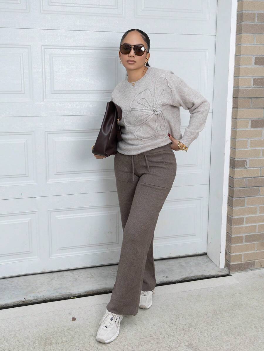 Melissa Matos Knitted Large Pocket Detail Tie Waist Trousers Wide Leg Old Money Summer Beach Airport Fall Back To School Autumn Winter Everyday Christmas Work Office - Brown - View 1