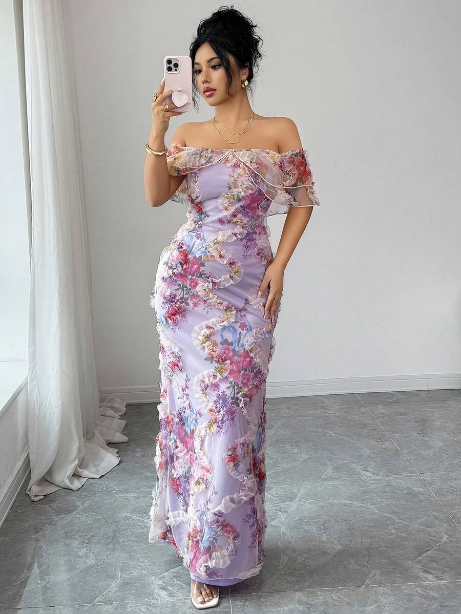 Elenzga Elegant Romantic Ruffle Off Shoulder Fitted Bodycon Dress With 3D Floral Mesh Fabric - Multicolor - View 1