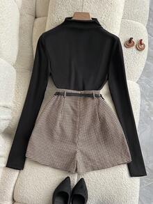 Franclia 休闲百搭打底衫，高领褶皱针织弹力长袖上衣/T恤搭配千鸟格半裙/长裤/短裤，女士秋冬两件套，优雅女士两件套，女士优雅上衣套装，女士新年两件套，棕色千鸟格两件套。 - 黑色 - 查看 2
