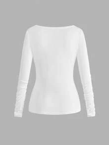 ROMWE Camiseta de manga larga de mujer versátil de unicolor con cuello en V profundo y holgado, estilo patchwork y acampanado, de la era Y2K - Blanco - Ver 2