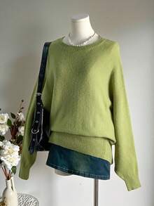 SHEIN Unity Women's Casual Solid Color Round Neck Long Sleeve Knit Sweater - Green - View 6