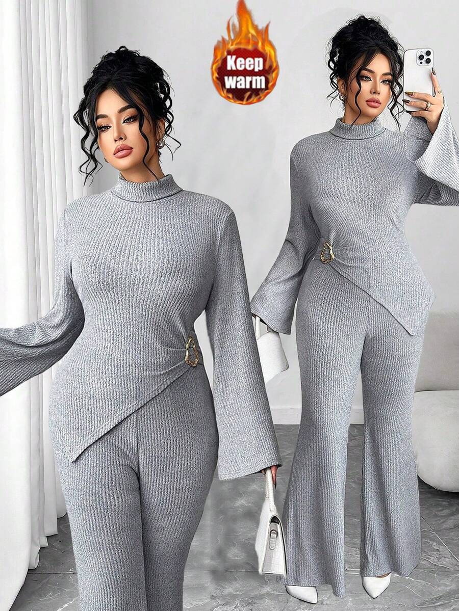 Elenzga Neues Damen Große Größen Set mit hochkrageniger gerippter Strickvelour-Bluse mit Metalldekoration und asymmetrischen Glockenärmeln sowie weiter Hose, vielseitig einsetzbar, elegant und modisch, lässig und festlich, bequem für Herbst/Winter