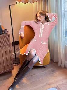 Pariaura Women's Elegant Contrast Trim Ribbed Knit Bodycon Long Sleeve Sweater Dress - Pink - View 3
