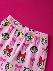 THE POWERPUFF GIRLS X SHEIN 女婴卡通可爱甜美粉色花朵、泡泡、毛茛图案翻领秋冬上衣和裤子睡衣套装 - 粉色 - 查看 5