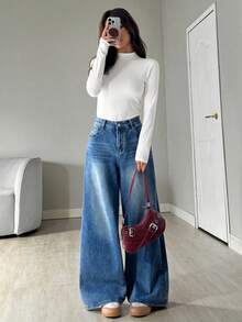 SHEIN EZwear 女士白色立领长袖休闲连体衣，秋冬季，白色连体衣 - 白色 - 查看 5