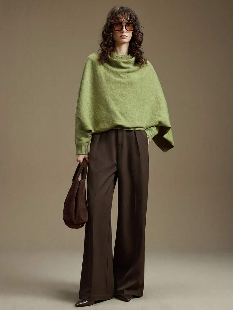2026SS Wool Blend Poncho Style Top, Elegant & Chic For Party, Urban, Business Casual, Avocado Green, Suitable For Valentine's Day; Minimalist Elegant Urban Chic Knit Sweater, Versatile For Office, Fashion Trending Women Sweater