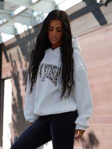 SAYEHFBABY Casual Leopard Print New York Graphic Hooded Loose Fit Thick Fleece Sweatshirt For Women, Suitable For Autumn/Winter,Long Sleeve Tops Back To School Fall And Winter Clothing Hoodie - White - View 5