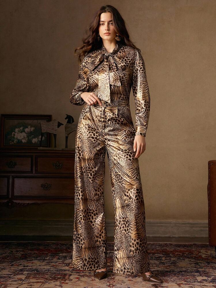 Turtleneck Tie-Up Leopard Print Shirt Set, Suitable For Fall, Winter, New Year, Party, Wedding, Elegant, Chic, Stylish