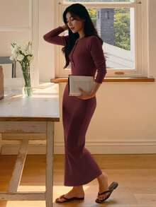 DAZY Women's Fitted Half-Zip Mid-Length Sweater Dress,New Year