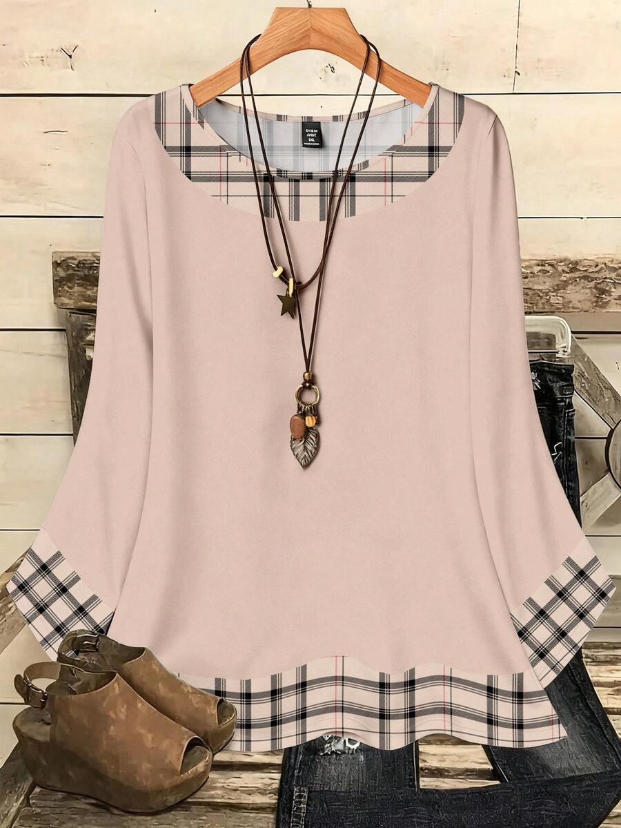 EMERY ROSE Áo kiểu nữ cỡ lớn, họa tiết kẻ caro phối màu, cổ tròn, tay lỡ dáng rộng, thích hợp cho Giáng sinh, mùa hè, áo mùa hè, năm mới, dành cho nữ dịp năm mới, phong cách thanh lịch, áo kiểu thanh lịch cho nữ. - Nhiều màu - Xem 1