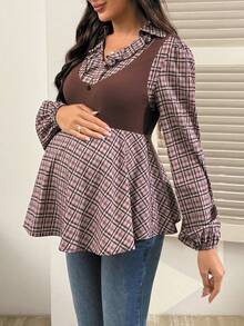 SHEIN Vintage Plaid Patchwork Long Sleeve Maternity Top, Fashionable Design, Suitable For Spring And Autumn Wear - Multicolor - View 4