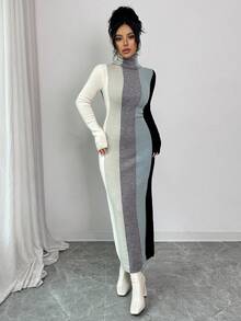 SHEIN Elenzya 女士撞色高领针织修身中长连衣裙，优雅时尚，适合秋冬季穿着 - 彩色 - 查看 6