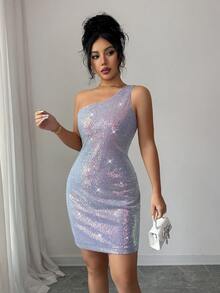 Elenzga Women's Elegant Sequin Embellished Slim Fit Bodycon Mini Dress, Suitable For Casual, Commute, Vacation, Afternoon Tea, Christmas, Luxury Party - Mauve Purple - View 3