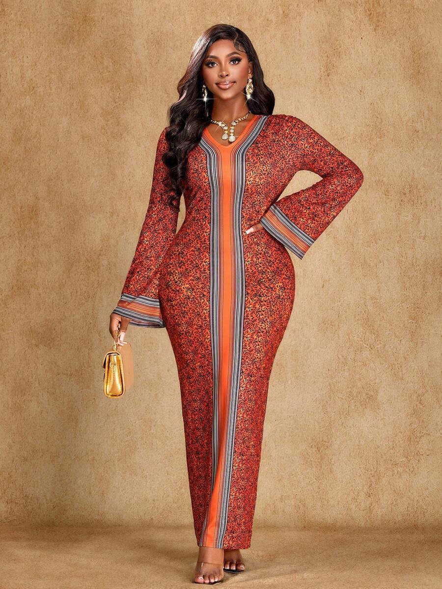 Brilight Women's Tropical Elegant Positioning Print V-Neck Long Sleeve Slim Dress, Suitable For Gatherings And Parties, South African Pattern, South African Traditional Clothing, Autumn Dress, Women's Dress, Elegant Party Dress