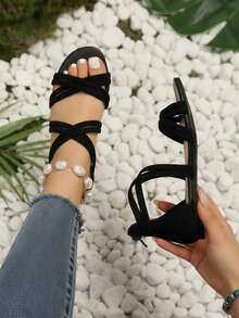 Mujer sandalia transpirable tiras cruzadas punta abierta plano casual moda verano playa diaria - Negro - Ver 1
