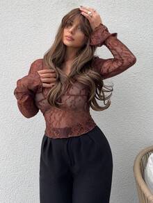 Jeta Ari Áo ren tay chuông cổ chữ V màu đen cho nữ - Rỉ Nâu - Xem 6