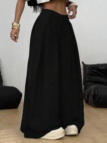 Coolane 女式夏季复古休闲嬉皮街头宽松法式灰色弧形下摆长裤 - 黑色 - 查看 2