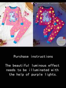 2 Piece Sets Snug Fit Pjs  Baby Girls Cute Unicorn & Star Print Knitted Elastic Fabric Soft Comfortable Glow In The Dark Long Sleeve Top And Pants 2 Pieces Pajama Set .This Product Requires UV Light Exposure To Glow. Unicorn Outfit For Girl Toddlers